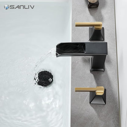 Black and Gold Bathroom Faucet 3 Hole, Sanliv Waterfall Bathroom Faucet, 8 Inch Widespread Bathroom Sink Faucet, Modern Two Handle Vanity Faucets with Pop Up Drain Black and Gold