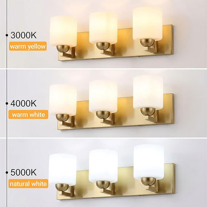 mirrea 3-Light Brushed Gold Bathroom Vanity Light with White Glass Shades | Over Mirror,Wall Sconce,ETL listed,Bathroom Lighting Fixtures,Elegant Design,Milk White Glass Shade,Easy Installation