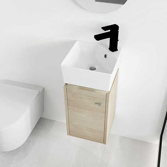 Malwee 12" Floating Bathroom Vanity with Sink, 12 Inch Wall Mounted Corner Bathroom Cabinet Combo, with 1 Soft Close Door and White Ceramic Basin Top for Small Space, Space-Saving Design(045-12)