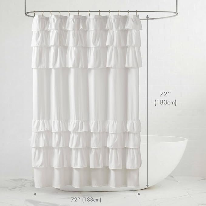 Madison Park Grace Ruffle Shower Curtain for Bathroom, 72"x 72", White | Farmhouse Cottage Top, Machine Washable, Shabby Chic Ruffled Decor Fabric, Privacy Screen, Solid Color