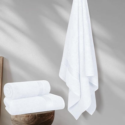 Cotton 2 Pack Oversized Bath Towel Set 28x55 inches, Large Bath Towels, Ultra Absorbant Compact Quickdry & Lightweight Towel, Ideal for Gym Travel Camp Pool - White