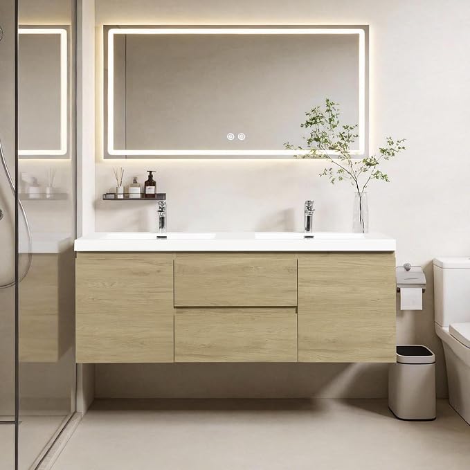 60 Inch Floating Bathroom Vanity with Double Sinks | Storage Cabinet with Sink Natural Oak Wall Mounted Cabinet, Solid Surface Top, 4 Soft Close Drawers, Fully Assembled
