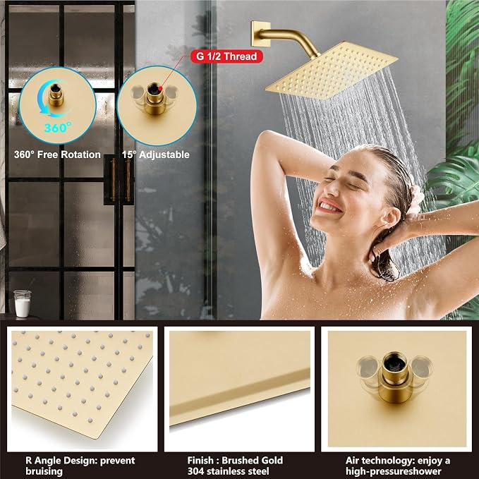 Midanya Shower System with Tub Spout,8 Inch Shower Head,Brushed Gold | with Valve & Trim Kit,Square Rain Head,Handheld Sprayer,Waterfall Spout,All Metal Wall Mount Bathroom Shower Tub Faucet Set