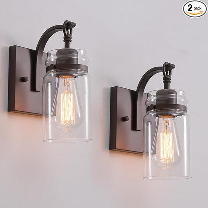 Wall Sconces Set of Two, Oil Rubbed Bronze Sconces Wall Lighting Fixtures with Clear Glass Indoor Farmhouse Bathroom Wall Sconce for Bathroom Hallway Stairwell