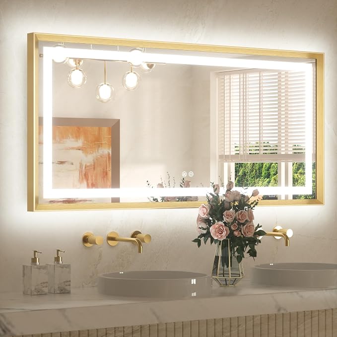 48 x 24 Bathroom LED Mirror Brushed Gold Metal Frame Frontlit & Backlit Vanity Mirror Stepless Dimmable Anti-Fog 3 Colors White/Warm/Natural Light up Vanity Mirror Wall-Mounted