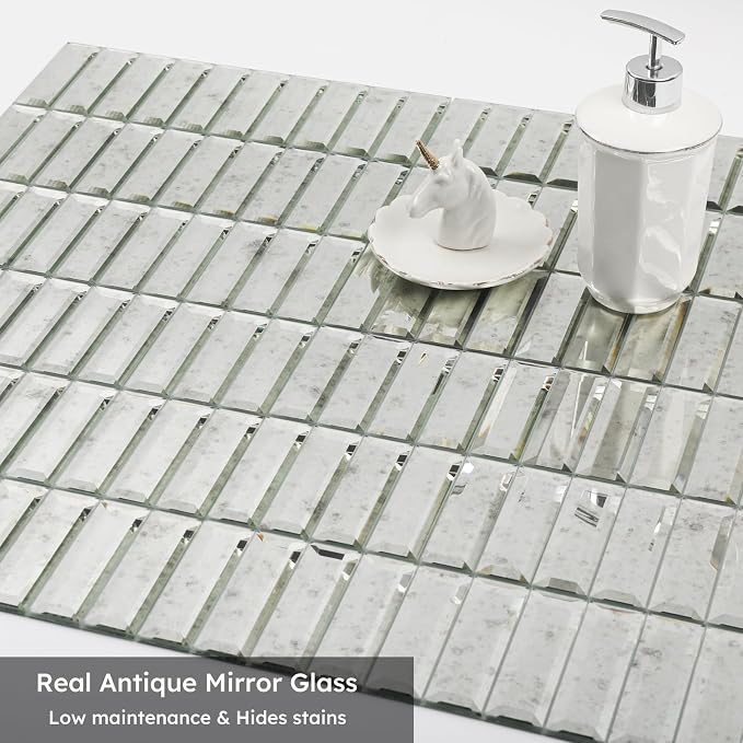 Peel and Stick Mirror Backsplash, Light Antique, 1.8 x 11.8 Inch, Beveled Mirror Three Strips Tiles for Kitchen Bathroom Accent Wall, Pack of 5 Sheets