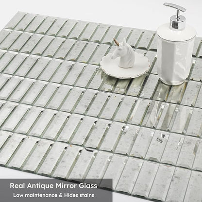 Peel and Stick Mirror Backsplash, Light Antique, 1.8 x 11.8 Inch, Beveled Mirror Three Strips Tiles for Kitchen Bathroom Accent Wall, Pack of 5 Sheets