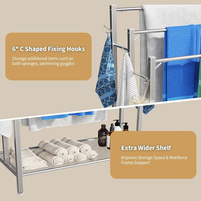 HavenlyYouth Free Standing Towel Rack for Bathroom, 3 Tier Blanket Drying Holder for Outside, Pool Towel Rack with Metal Shelf for Display and Storage, 35.8" H x 31.5" L x 11.8" W, Satin Nickel