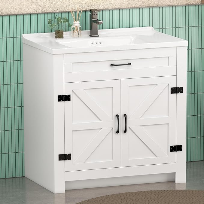 32 Inch Bathroom Vanity with Sink, Small Bathroom Sink Cabinet with 2 Barn Doors, White Single Sink Bath vanities Combo (19" D x 32" W x 36" H)