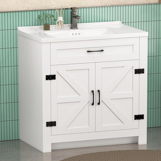32 Inch Bathroom Vanity with Sink, Small Bathroom Sink Cabinet with 2 Barn Doors, White Single Sink Bath vanities Combo (19" D x 32" W x 36" H)