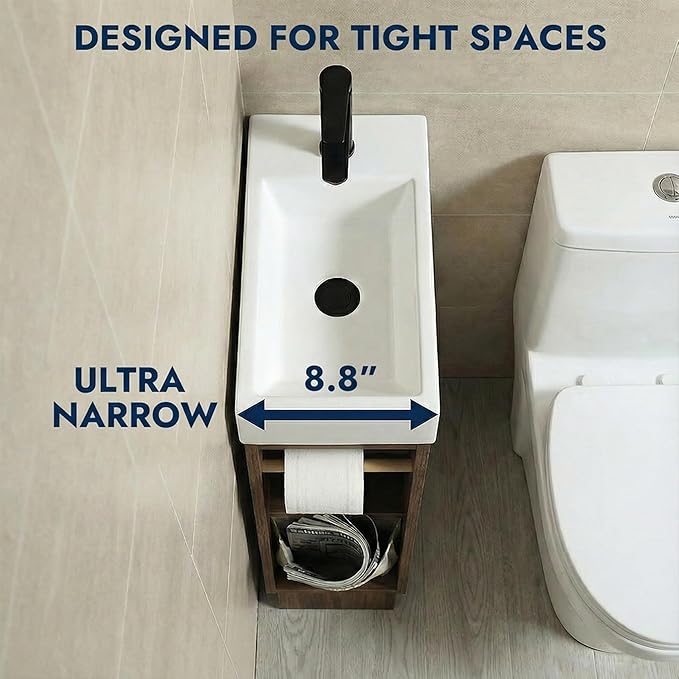 16" Small Bathroom Vanity with Sink - Walnut:Small Space Fit,2 Toilet Paper Holders & Storage Pocket,Adjustable Shelve,Soft Closing Door & Quiet Hinges,Floor-Standing Extra Storage