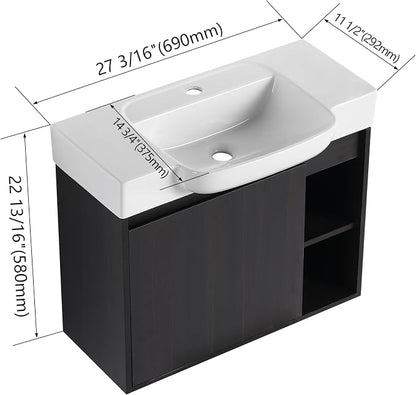 28" Bathroom Vanity with Sink, Wall-Mounted Cabinet, Dark Oak | Ceramic Sink, Soft-Close Door & 2 Open Storage Shelves, Modern Farmhouse Sink Cabinet, Easy to Clean for Small Bathroom
