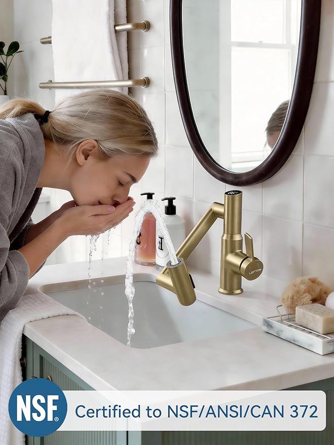 Rotatable Bathroom Faucet with Temperature Display in Fahrenheit (Batteries-Free), 3 Water Outlet Modes, Brushed Gold