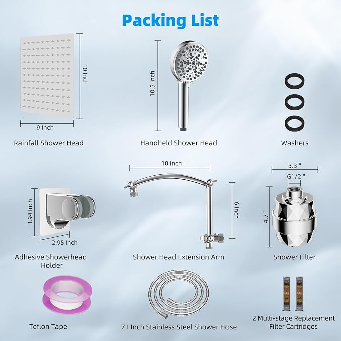 Hibbent 10" Dual Filtered Shower Head Combo, 10-spray Handheld, Chrome | All Metal High Pressure Rainfall Shower Head Combo with Filter, 16" Extension Arm, 3-way Diverter, 71" Hose & Shower Holder