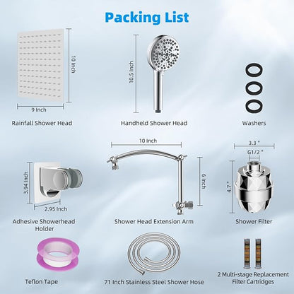 Hibbent 10" Dual Filtered Shower Head Combo, 10-spray Handheld, Chrome | All Metal High Pressure Rainfall Shower Head Combo with Filter, 16" Extension Arm, 3-way Diverter, 71" Hose & Shower Holder