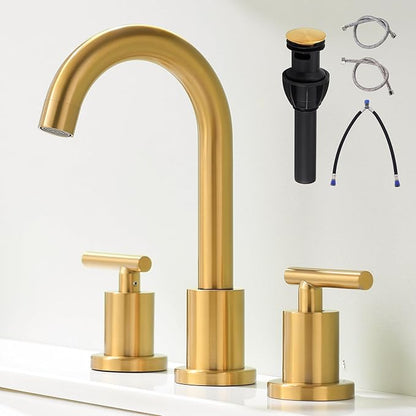 Brushed Gold Bathroom Faucet 3 Hole, 8 Inch Widespread Bathroom Sink Faucets 2 Handle Lavatory Faucet Gold Vanity Faucet with Pop-Up Drain & cUPC Faucet Supply Lines