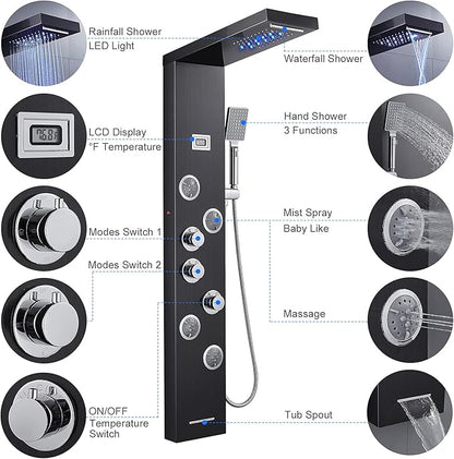 MENATT LED Shower Panels Tower System, SUS304 Stainless Steel Bathroom Shower Panel System with 4 Body Jets, Rainfall, Waterfall, Handheld Shower, Tub Faucet (Black)
