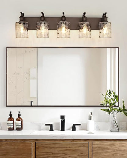 5-Light Bathroom Vanity Light,Hammered Glass,Oil Rubbed Bronze | 34.2 Inch Over Mirror Wall Light,E26 sockets,for bathroom mirror,powder room,dressing area