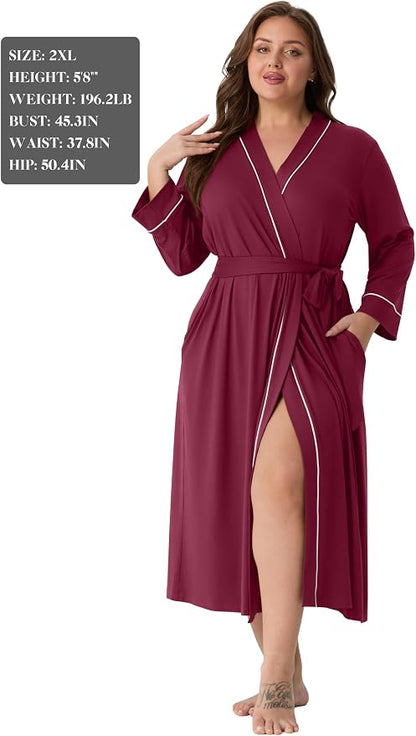 PrinStory Robes for Women 3/4 Sleeve Long Bath Robe XS-4XL | V-Neck Knit Bathrobe with Pockets, Lightweight, Soft, Breathable Robes for Shower, Spa, Travel, Home, Party, Nursing