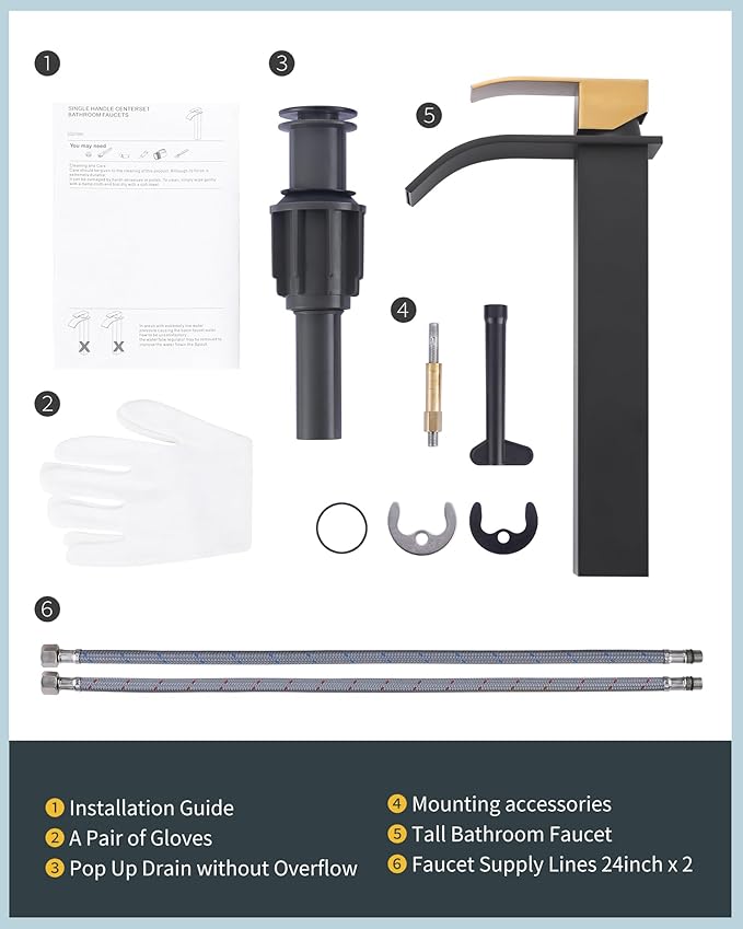 Vessel Sink Faucet Black and Gold: ARCORA Single Hole Tall Waterfall Bathroom Faucet, Single Handle Lavatory Vanity Tap with Pop Up Drain and cUPC Supply Lines