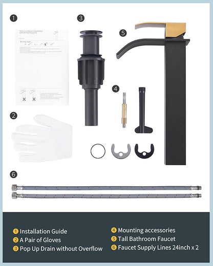Vessel Sink Faucet Black and Gold: ARCORA Single Hole Tall Waterfall Bathroom Faucet, Single Handle Lavatory Vanity Tap with Pop Up Drain and cUPC Supply Lines