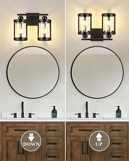 2-Light Black Bathroom Light Fixtures, 13.8 Inch Modern Bathroom Vanity Lighting Fixtures Over Mirror with Clear Glass and Metal Cage Wall Sconce Lights for Bath, E26, OS-3014BK-2W
