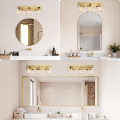 3-Light 21inch Brushed Gold Vanity Light, Thickened Clear Glass | Over Mirror for Bathroom, Rust Resistant, E26 Base, Easy Install, Removable Glass Shade Horizontal Mount, Dimmable