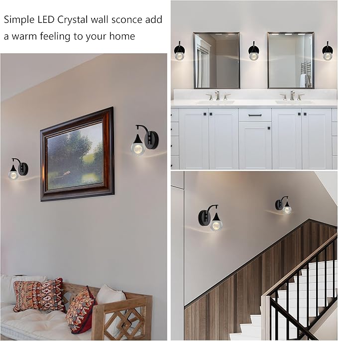 Crystal Moon Globe Wall Sconce Light, 5W Led Wall Lamp for Bedroom Living Room Hallway, 3300k Warm White | Dimmable | Matte Black