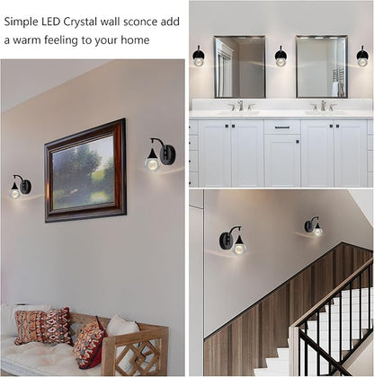 Crystal Moon Globe Wall Sconce Light, 5W Led Wall Lamp for Bedroom Living Room Hallway, 3300k Warm White | Dimmable | Matte Black