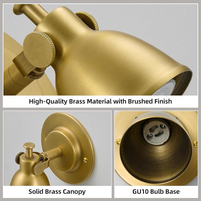 Gold Small Wall Sconce Hardwired Set of 2 - Vintage Brass Mini Bell Light | Adjustable Art Deco Fixture with Dimmable Bulb, for Bedside Reading Bedroom Hallway Kitchen Bathroom Vanity Picture Light