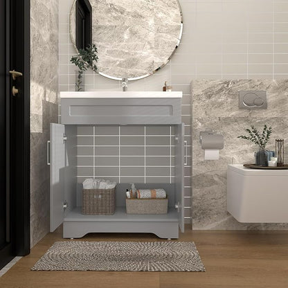 Bathroom Vanity with Ceramic Sink, Bathroom Vanity Cabinet with 2 Doors, 32 Inches Wooden Cabinet with Sink, Grey