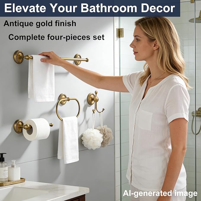 Antique Brass 4-Piece Bathroom Hardware Set Adjustable Towel Bar 13-24" | Vintage Gold Towel Bar, Oval Towel Ring, Toilet Paper Holder, Robe Hook, Towel Racks for Bathroom Wall Mounted Accessories