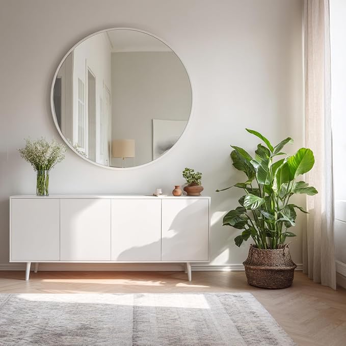 Large Round Mirror 40 inch, White Circle Mirror Matte Metal Frame | Matte White Metal Frame, High Definition Mirror, Rust-resistant, Easy installation, Restroom, Cloakroom, Guest Room, Hallway