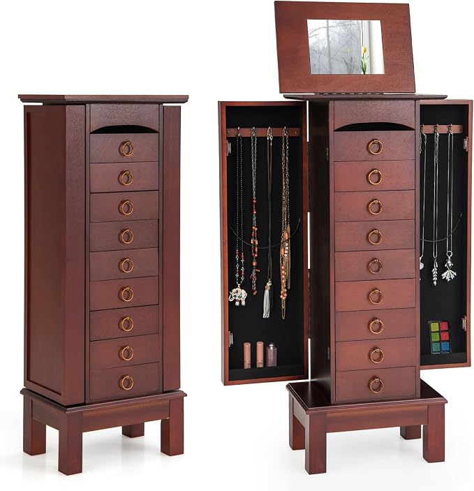 GOFLAME Standing Jewelry Cabinet Armoire, Jewelry Storage Organizer with Flip Top Mirror, 9 Drawers, 2 Side Doors, Space Saving Jewelry Chest Armoire for Necklaces, Earrings, Bracelets, Brown