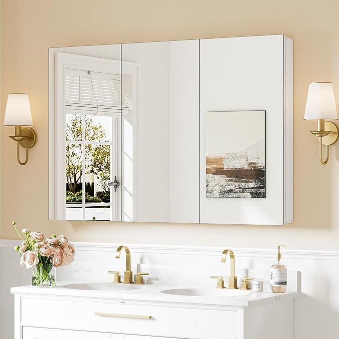 Keonjinn 48" x 32" Large Medicine Cabinet Mirror, Freely Adjustable Shelves | Assembly Required, Aluminum Framework, Tempered Glass, Soft Closing, Recessed or Wall Mount, White Medicine Cabinets