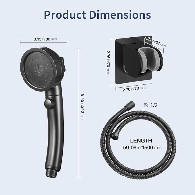 HANLIAN Black On/Off High Pressure Handheld Shower Head for RV Camper | 3 Spray Modes Shower Head with Pause Button, Water Saving Shower Head with Hose and Adjustable Self-adhesive Holder