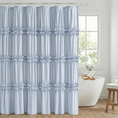 LIPA Boho Rustic Fog Blue Ruffle Shower Curtain 72x78 Inches | Farmhouse Shower Curtains for Bathroom,Water‑Resistant Fabric Shower Curtain,Bohemian Bathroom Decor