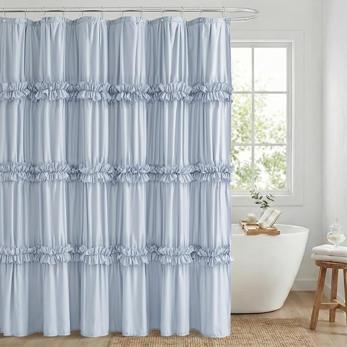 LIPA Boho Rustic Fog Blue Ruffle Shower Curtain 72x84 Inches | Farmhouse Shower Curtains for Bathroom,Water‑Resistant Fabric Shower Curtain,Bohemian Bathroom Decor