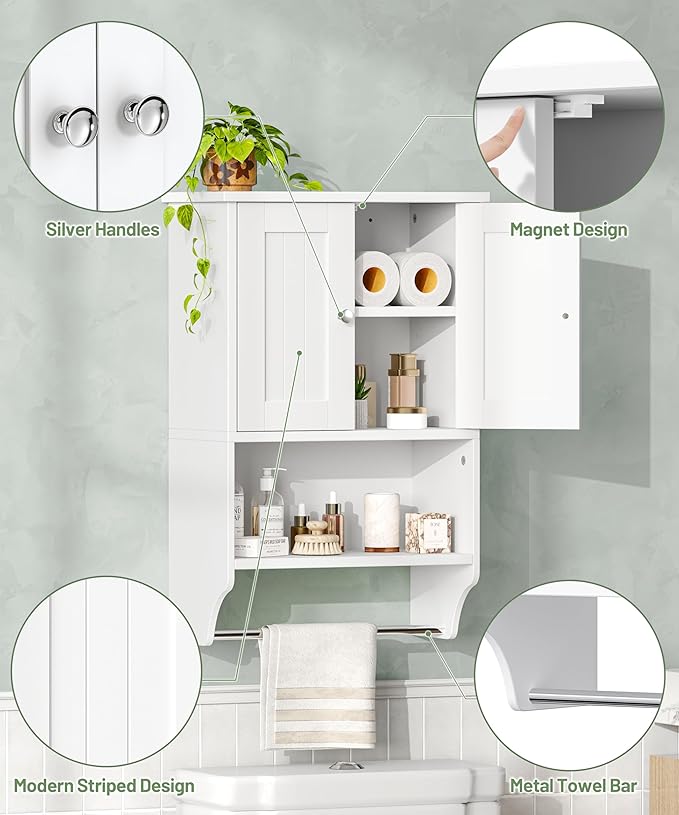 Small Bathroom Wall Cabinet with Towel Bar and Adjustable Shelf, Modern Medicine Cabinet with 2 Lined Doors, Wooden Over the Toilet Storage Cabinet for Kitchen, Living Room, Entryway, White