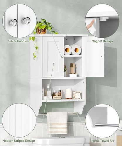 Small Bathroom Wall Cabinet with Towel Bar and Adjustable Shelf, Modern Medicine Cabinet with 2 Lined Doors, Wooden Over the Toilet Storage Cabinet for Kitchen, Living Room, Entryway, White