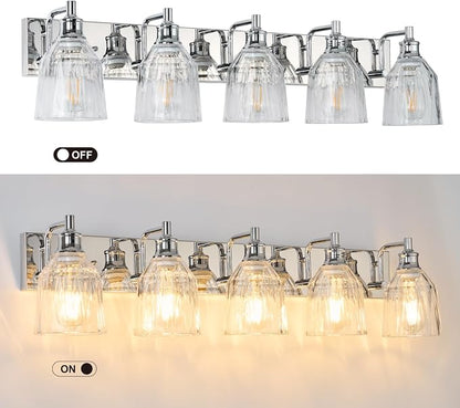 5 Light Bathroom Light Fixtures Modern Chrome Vanity Lights for Bathroom Lighting Fixtures Over Mirror with Thickened Glass Shade for Cabinet Mirror Bedroom Hallway