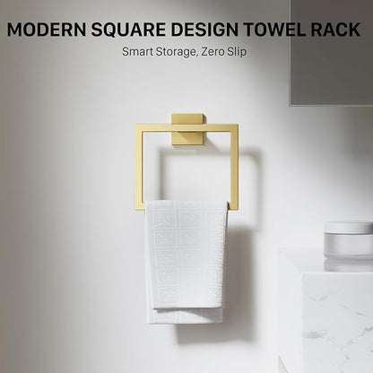 10-Piece 23.6 Inch Brushed Gold Bathroom Hardware Accessories Set | Stainless Steel Bath Extended Towel Bar, Toilet Paper Holder with Shelf, Towel Hooks, Square Towel Ring Wall Mounted