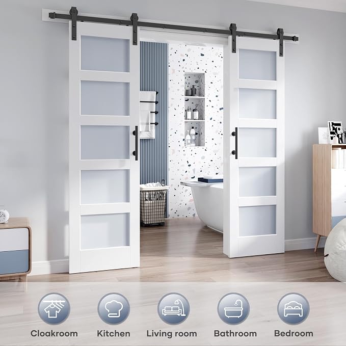 Double 24×84 Inch Glass Barn Door Slab and 8ft Hardware Kit Included, 5 Frosted Glass, LVL Wood Panel Covered with White Water-Proof Scratch-Proof PVC Surface, Simple DIY Assembly