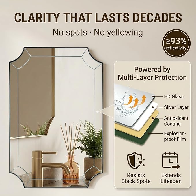 Brushed Nickel Mirror 30x40 Inch, Rectangle Bathroom Mirror for Wall, Large Scalloped Wall Mirror, Vintage Notched Edges Design Ideal for Entryway, Living Room & Bedroom Decor