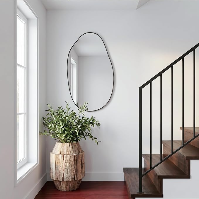 20.5"x33.5" Black Asymmetrical Mirror for Bathroom Irregular Wall Mirror | Farmhouse Accent Vanity Mirror Hanging Horizontal/Vertical Black Metal Wall Mirror Decorative for Bathroom Bedroom Entryway