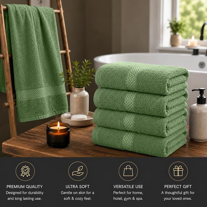 DAN RIVER 600 GSM Cotton Large Bath Towels Set of 4, 27 x 54 Inches, Green | Larger & Lighter Weight Towels for Bathroom - Highly Absorbent & Quick Dry 100% Cotton Bath Towel Set for Home, Spa & Hotel