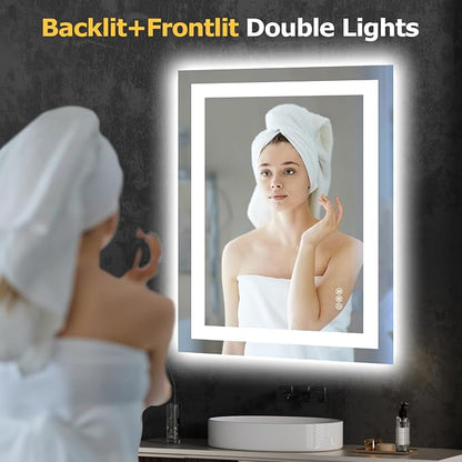 Hivone 24"X32" LED Bathroom Mirror with Lights, Anti-Fog, Dimmable, Backlit + Front Lit, Smart Bathroom Vanity Mirror, Memory Function, Shatterproof, Tempered Glass (Horizontal/Vertical)