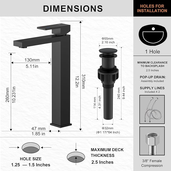 Matte Black Vessel Sink Facuet Single Hole, Tall Bathroom Sink Faucet | Vessel Bowl Faucet with Pop Up Drain & Supply Lines, Lead-Free cUPC & NSF Certified, 1 Hole Faucet for Vanity RV Restroom