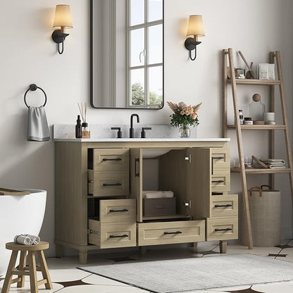 48-Inch Oak Bathroom Vanity with Sink, Fully Assembled Storage Cabinet Featuring 2 Soft-Close Doors & 5 Extendable Drawers, Carrara Engineered Stone Countertop, and Backsplash