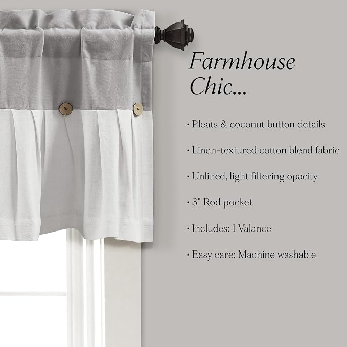 Lush Decor Linen Button Farmhouse Valance Curtians 84"W x 18"L Gray & Off White - Linen Valances For Windows - Kitchen Curtains Valances